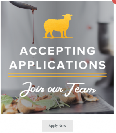 Graphic contains an image of a chef pouring a spoonful of sauce over a tray of shrimp, limes, and greens. Over the image is the logo for Golden Lamb, and text which reads "Accepting Applications: Join